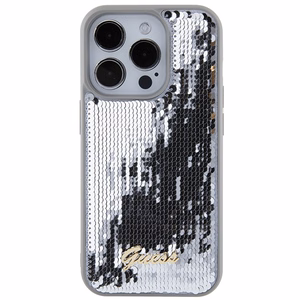 Guess Blizgučių Metalinis Užrašas dėklas telefonui iPhone 15 Pro - sidabrinis