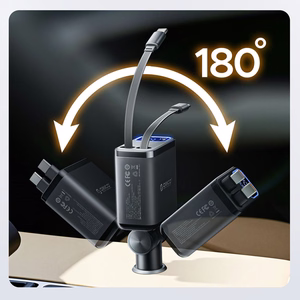 Orico Twin Reach 45W USB-A + USB-C automobilinis įkroviklis su dviem sutraukiamais USB-C laidais - juodas