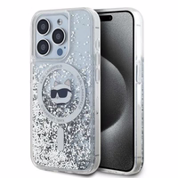 Karl Lagerfeld Skystas blizgutis Choupette Head Magnetinis dėklas telefonui iPhone 15 Pro – permatomas