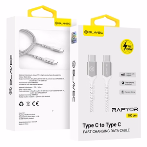 Blavec kabelis Raptor pintas - Type C į Type C - PD 100W 5A 1 metras Apple CarPlay/Android Auto (CRA-CC5WS10) baltas-sidabrinis