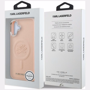 Karl Lagerfeld inicialų ir metalinis logotipas MagSafe dėklas iPhone 16 Plus - rožinis