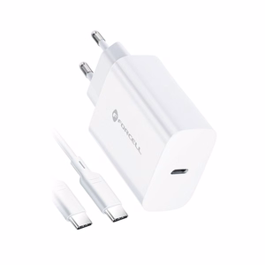 Įkroviklis Forcell + "USB-C (Type-C) to USB-C (Type-C)" (1xUSB-C 3A 25W) baltas
