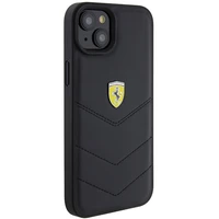 Ferrari FEHCP15MRDUK dėklas telefonui iPhone 15 Plus 6.7" juodas/juodas kietas su dygsniuotu metaliniu logotipu