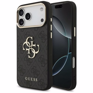Guess PU Leather 4G Metal Logo Gold Frame dėklas Apple iPhone 18 Pro Max, juodas