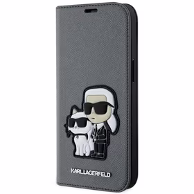 Karl Lagerfeld KLBKP14SSANKCPG iPhone 14 6.1" knygos tipo dėklas sidabrinis Saffiano Karl & Choupette
