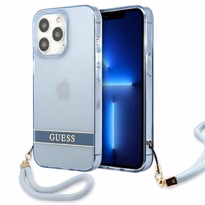 Guess GUHCP13LHTSGSB iPhone 13 Pro / 13 6.1 dėklas telefonui, mėlynas, kietas, pusiau permatomas su dirželiu