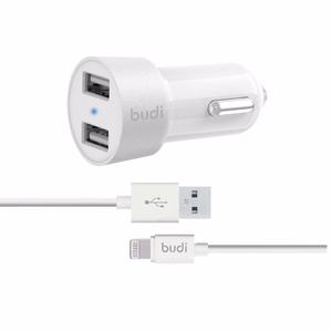 Budi BD622LW automobilinis įkroviklis su 2 USB-A jungtimis, su LED indikatoriumi, su Lightning laidu