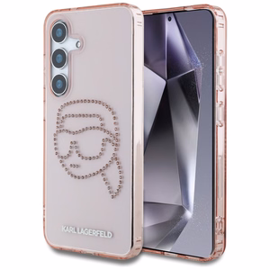 Karl Lagerfeld dėklas telefonui su kalnų krištolais K. Head logotipu Samsung Galaxy S25 rožinis