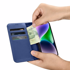 iCarer Piniginės dėklas 2in1 viršelis iPhone 14 Plus Anti-RFID odinis atverčiamas dėklas mėlynas (WMI14220727-BU)