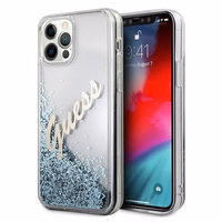 Guess GUHCP12LGLVSBL iPhone 12 Pro Max 6.7" mėlynas/mėlynas kietas dėklas Blizgučiai Vintage Script