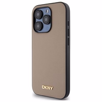 DKNY Grained Metal Logo Magnetinis iPhone 15 Pro dėklas - smėlio spalvos