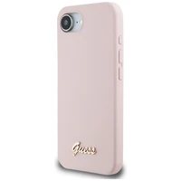 Guess Silicone Script Metal Logo MagSafe dėklas telefonui iPhone 16e - rožinė