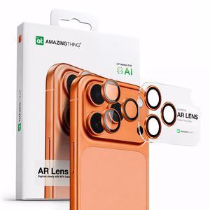 AmazingThing objektyvo stiklas iPhone 17 Pro / Pro Max – su oranžiniu rėmeliu