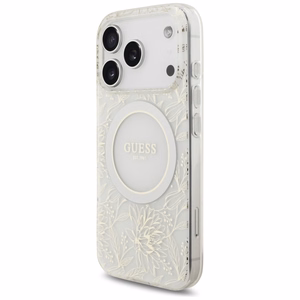 Guess IML Flowers Electro Pearl Dirželis Magnētinis dėklas telefonui iPhone 17 Pro - baltas