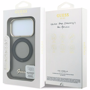 Guess IML Ring Stand 360 Script Metal Logo MagSafe dėklas, skirtas iPhone 17 Pro / 18 Pro – juodas