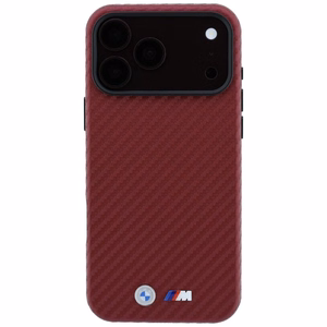 BMW dėklas, skirtas iPhone 18 Pro / 17 Pro: (Carbon Metal Logo), suderinamas su MagSafe, spalva – bordo