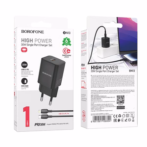 Borofone Sieninis įkroviklis BN13 Safety GaN - Type C - PD 30W su Type C į Lightning kabeliu juodas