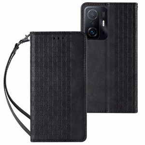 Magnetinis dėklas telefonui su dirželiu, pinigine ir mažu pakabuku (Xiaomi Redmi Note 11 Pro) - juodas