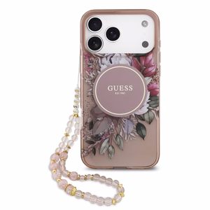 Dėklas Guess IML Flowers Strap MagSafe Apple iPhone 17 Pro Max rožinis