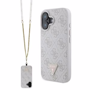 Guess Odinis Crossbody dėklas telefonui iPhone 16 su metaliniu logotipu ir Strass - rožinis