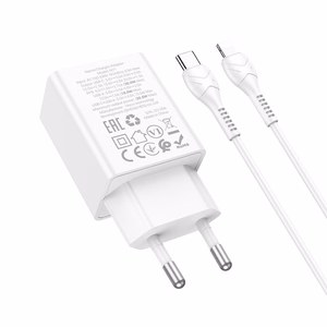 Įkroviklis telefonui Hoco USB A + USB C QC3.0 PD AFC 3A 30W + kabelis USB C į USB C N71 baltas
