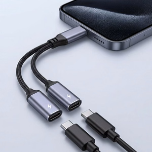 Adapteris AUX 2in1 Type C vyriška to Type C moteriška / Type C moteriška Blue Star juodas [DAC] - max 25W krovimas
