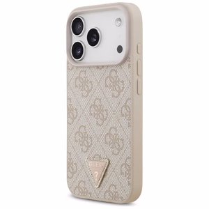 Guess Leather 4G Triangle Strass MagSafe dėklas iPhone 18 Pro / 17 Pro – rožinis