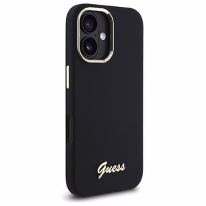 "Guess" silikoninis metalinis dėklas su logotipu ir rėmeliu, skirtas iPhone 16 - juodas