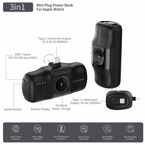 Wozinsky WF16-YCS 5000mAh 15W USB-C mini išorinė baterija su įmontuotu USB-C kabeliu ir Apple Watch įkrovikliu - juoda