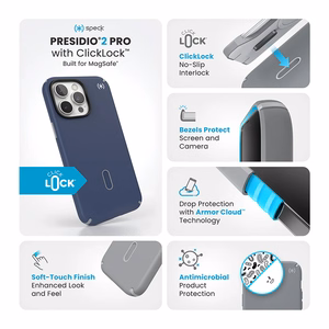 Speck Presidio2 Pro dėklas su MagSafe ir ClickLock, skirtas iPhone 16 Pro Max, „Coastal Blue/Dust Grey“