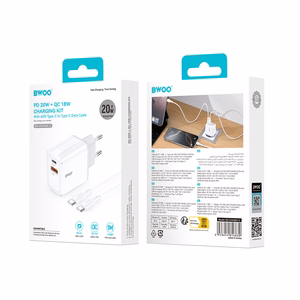 BWOO sieninis įkroviklis CDA182 QC 38W 1x USB-A + 1x USB-C su USB-C kabeliu 1 m juodas