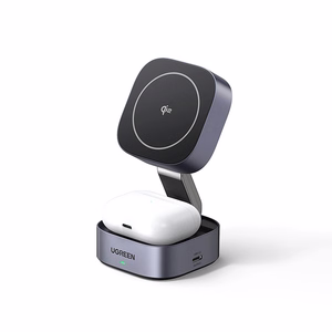 Ugreen W702 3in1 indukcinis įkroviklis su MagSafe / Qi2 ir USB-C telefonui / ausinėms juodas