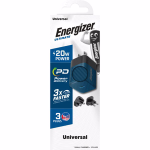 Energizer Ultimate A20MUBL GaN kelioninis tinklo įkroviklis su EU / UK / US kištukais, USB-C, 20 W PD, mėlynas