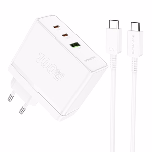 Borofone sieninis įkroviklis BN11 Imperial - USB + 2xType C - QC 3.0 PD 100W su Type C į Type C kabeliu baltas