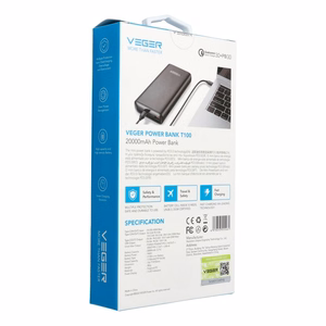 VEGER Išorinė baterija 20000 mAh PD QC3.0 5A 100W T100 (W2032C-100) juoda