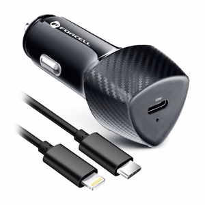 FORCELL F-ENERGY Carbon CC50-1C automobilinis įkroviklis Type C + kabelis Type C į Lightning PD 3A 20W juodas