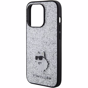 Karl Lagerfeld Fiksuotas blizgučių Choupette logotipas metalinis kaištis dėklas iPhone 15 Pro - sidabrinė