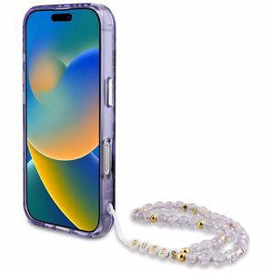 Guess Dėklas telefonui iPhone 16 su MagSafe – palmių medžių motyvas, trikampio formos perlų dirželis, violetinis