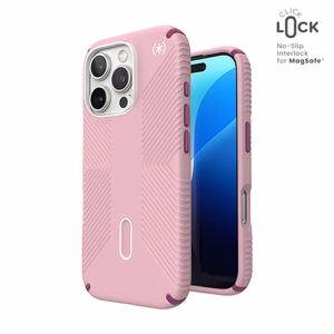 Speck Presidio2 Grip ClickLock & MagSafe dėklas, skirtas iPhone 16 Pro, „Wednesday Pink“ / „Boysenberry Purple“ / baltas