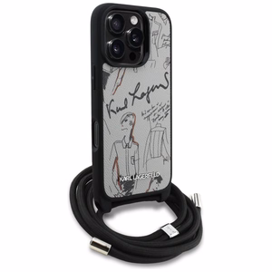 Karl Lagerfeld per petį nešiojamas grūdėto rašto ir logotipo dėklas telefonui iPhone 16 Pro Max - pilkas