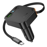 Automobilinis įkroviklis Hoco su ištraukiamu kabeliu 2 x USB C + USB A QC PD 65W NZ18 juodas