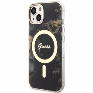 Guess GUHMP14SHTMRSK iPhone 14 6.1" juodas/juodas kietas dėklas Golden Marble Magnetinis