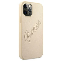 Guess GUHCP12MRSAVSLG iPhone 12/12 Pro 6.1 auksinis kietasis dėklas Saffiano Vintage Script