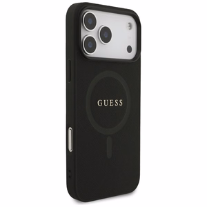 Guess Saffiano klasikinis MagSafe dėklas telefonui iPhone 17 Pro Max su logotipu - juodas
