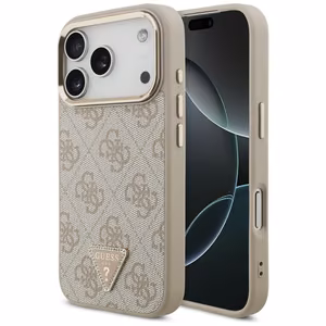 Чехол Guess PU Leather 4G Strass Triangle Logo Gold Frame MagSafe для Apple iPhone 18 Pro, розовый
