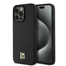 DKNY Odinis monogramos rašto metalinis logotipas Magnetinis dėklas telefonui iPhone 15 Pro Max - juodas