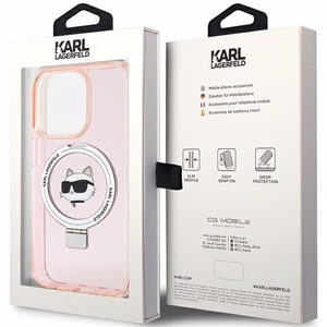 Karl Lagerfeld KLHMP15LHMRSCHP iPhone 15 Pro 6.1" rožinis/rožinis kietas dėklas su žiediniu stovu Choupette Galva Magnetinis