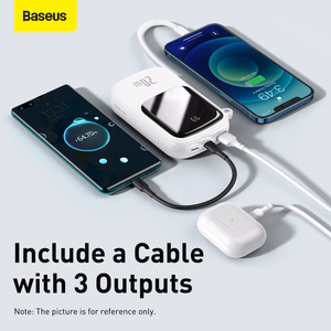 Baseus išorinė baterija 20000mAh Qpow Pro - USB + Type C - PD 20W su Lightning kabeliu (PPQD060202) balta