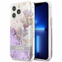 Guess GUHCP13LLFLSU iPhone 13 Pro / 13 6.1" violetinis kietas dėklas gėlių skystas blizgučiai