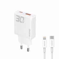 GaN Dudao A30EUL 30W USB-A / USB-C sieninis įkroviklis + USB-C - Lightning kabelis - baltas